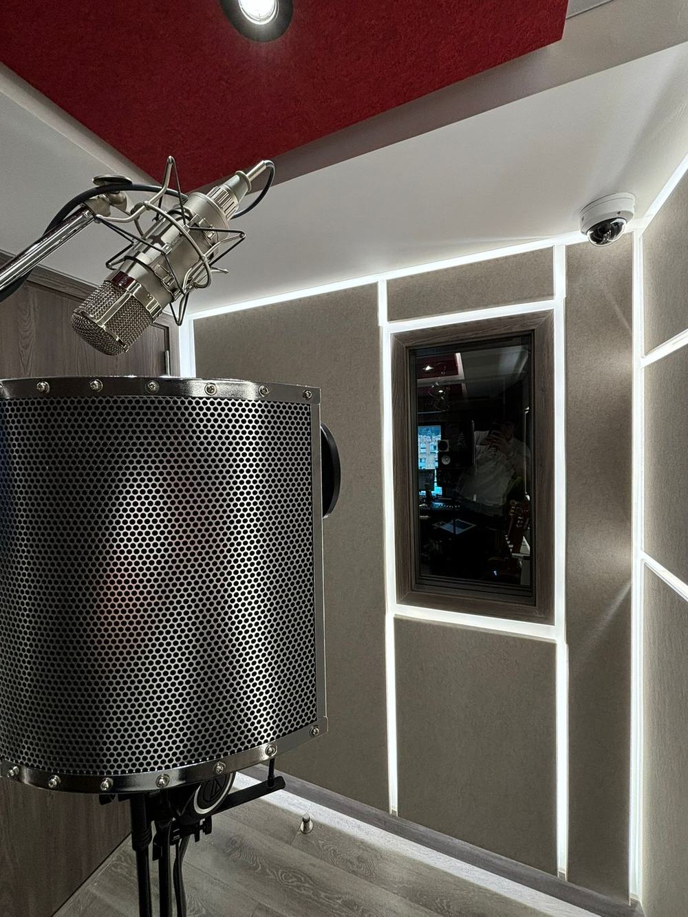 Micrófono de condensador con antipop en la cabina